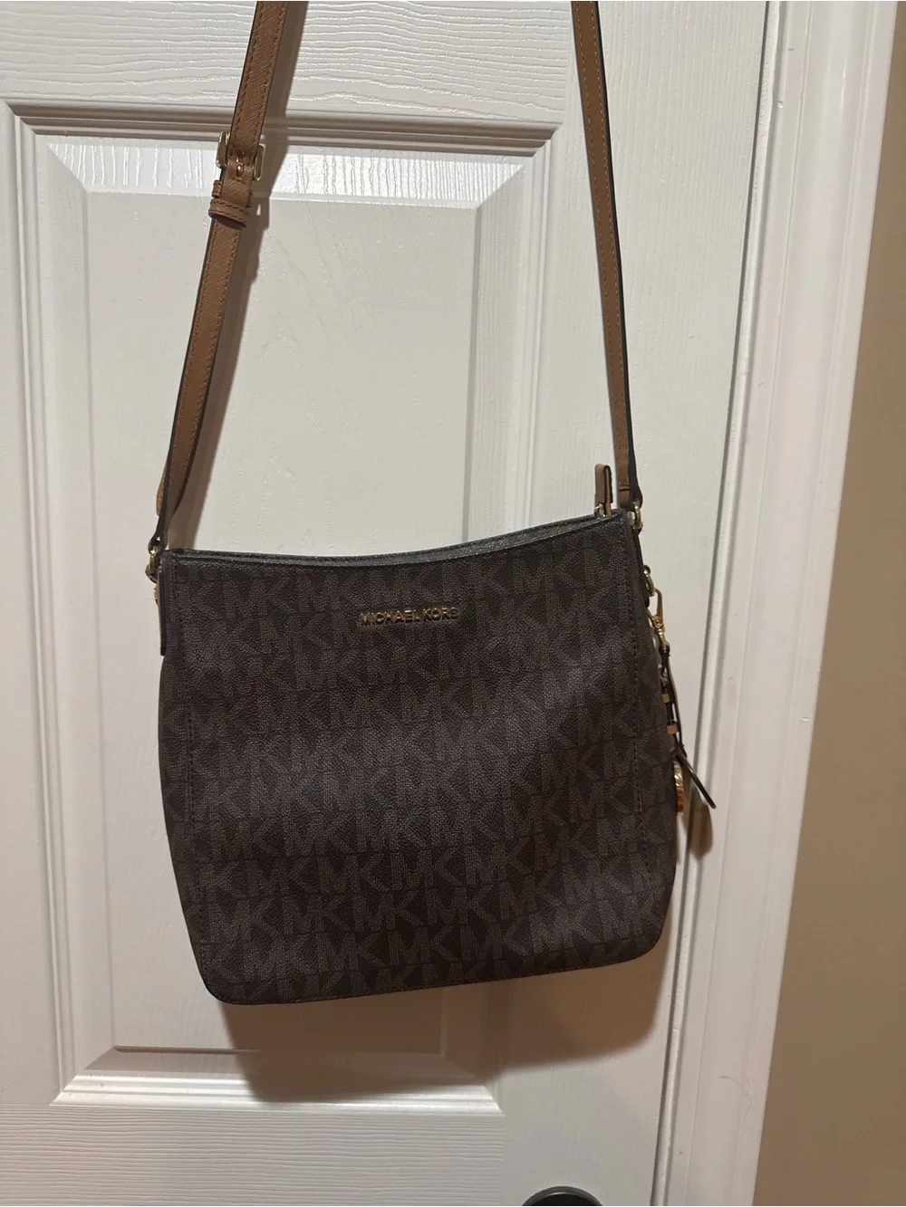 Michael Kors Dark Brown Logo Crossbody with Tan Strap